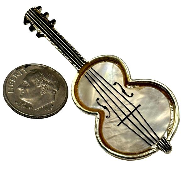 Vintage Mother of Pearl Violin Guitar String Shell - Gold Instrument Brooch Pin - Picture 2 of 8